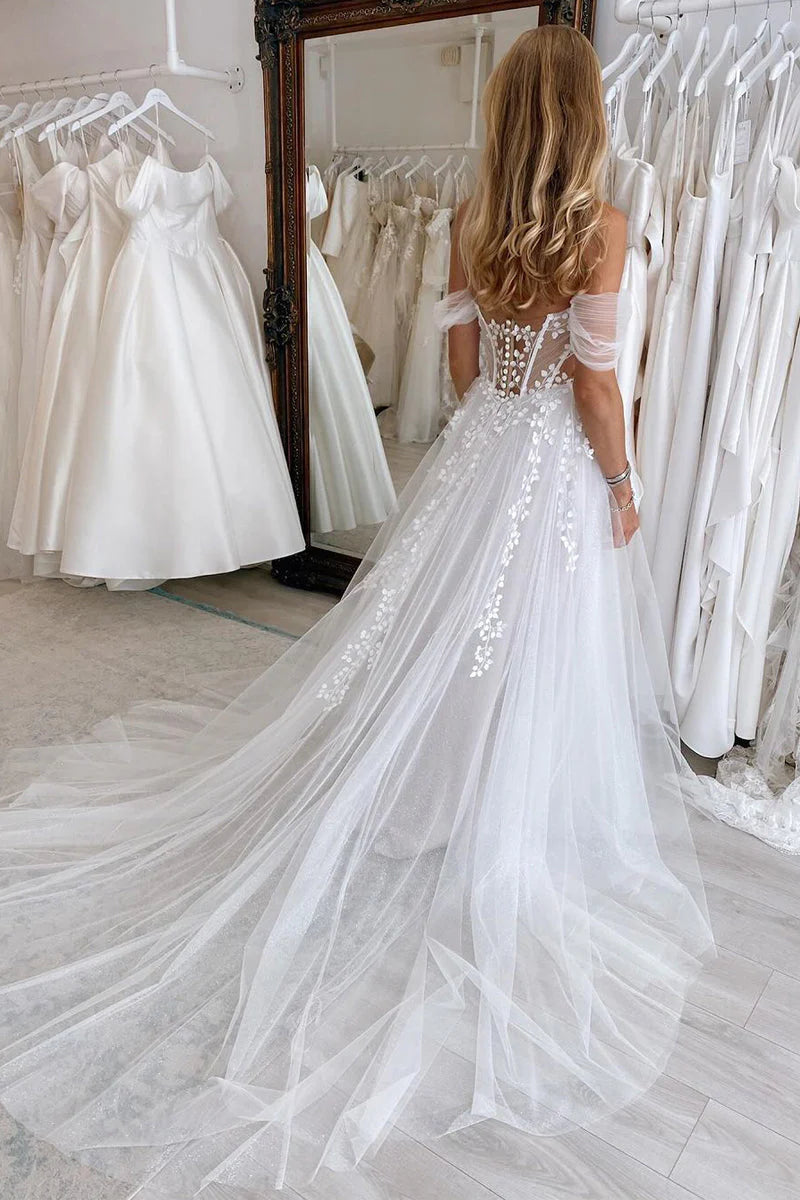 Off the Shoulder White Tulle Wedding Dresses Gown with Appliques HS872