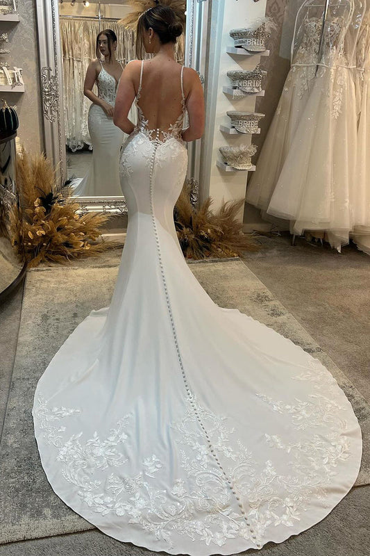 Mermaid V Neck Satin Wedding Dresses/Gowns with Appliques HS23122206