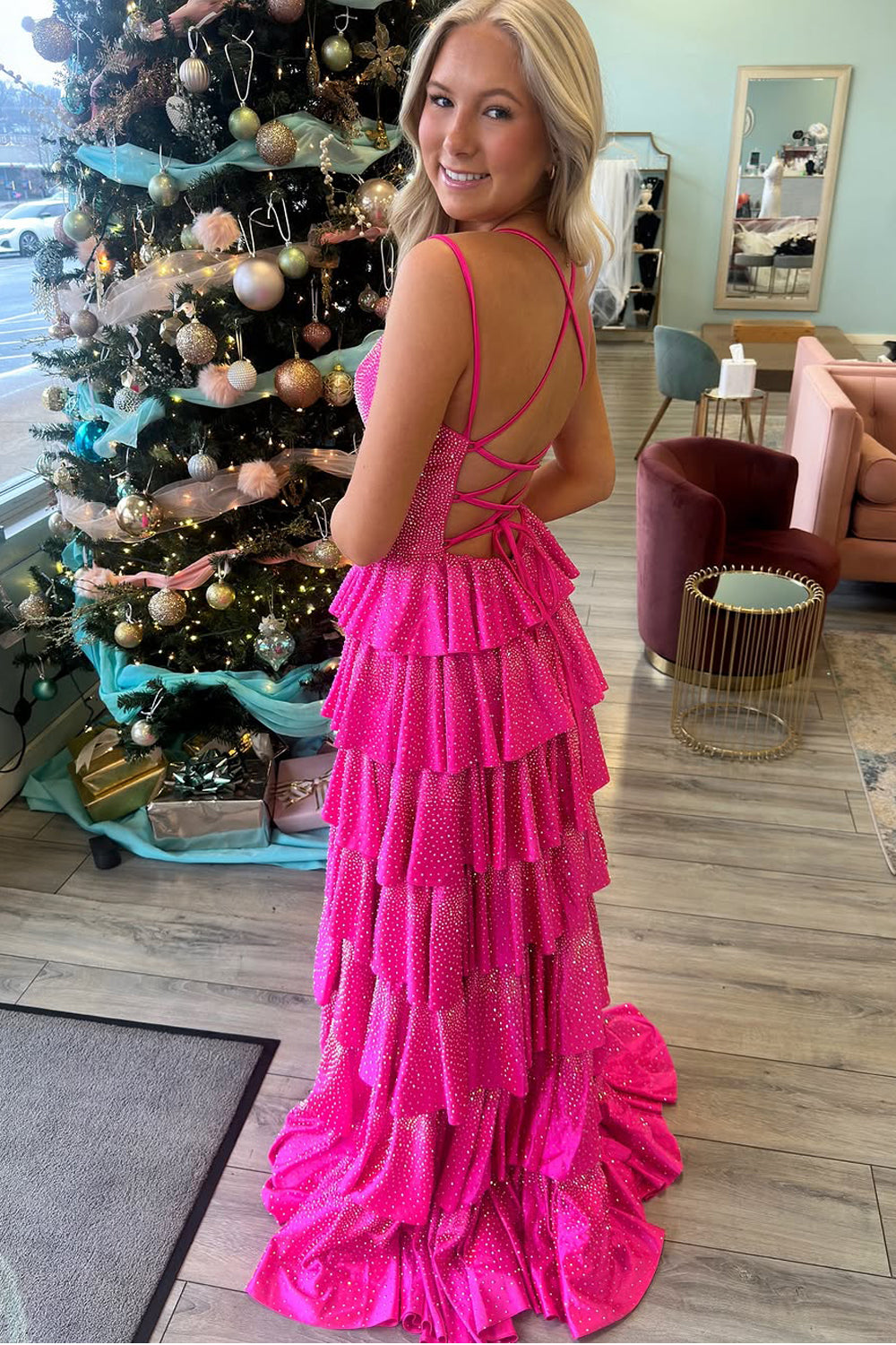 Conspicuous V Neck Hot Pink Hot Sone Beading Tiered Slit Prom Dress Gown LF1232