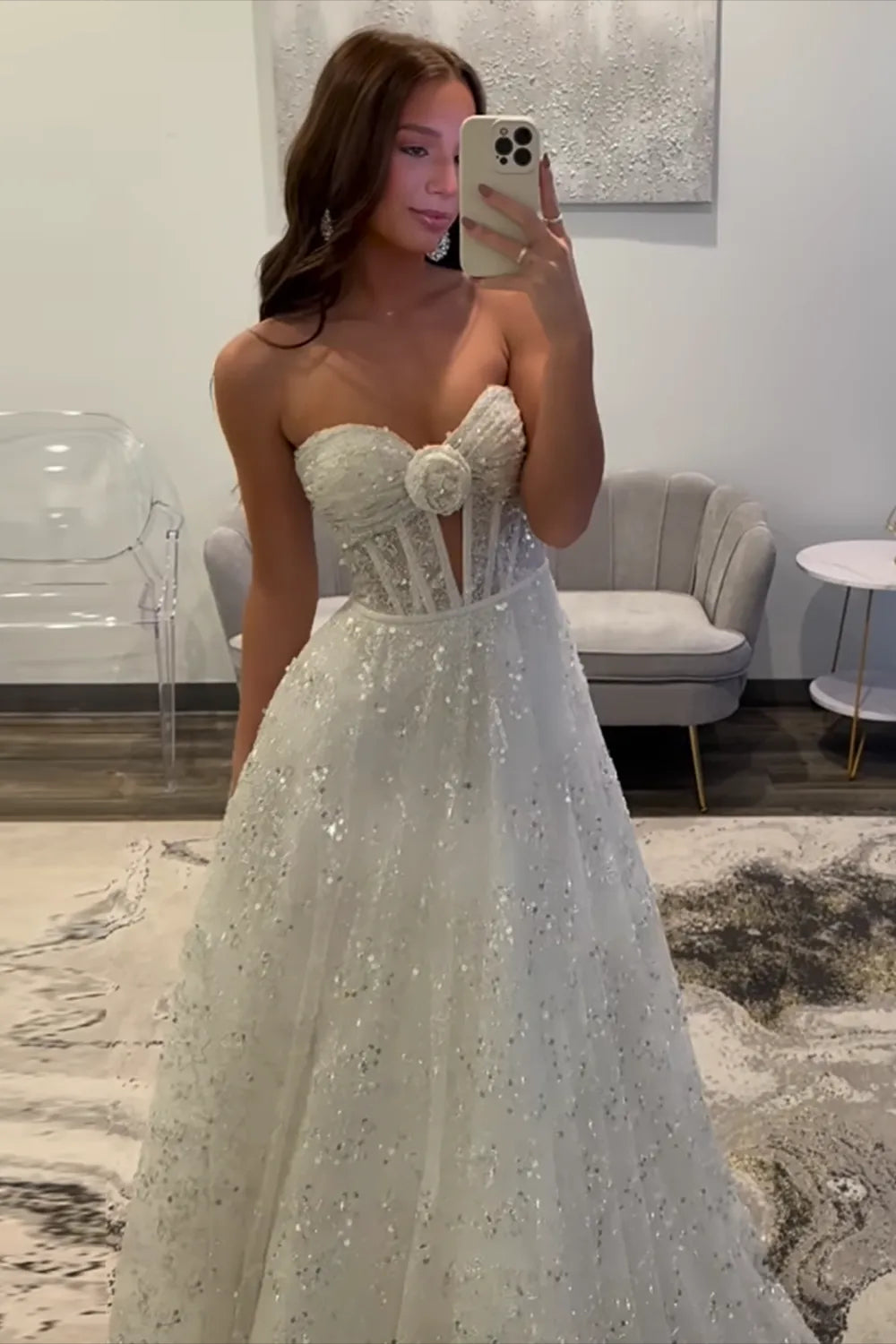 Conspicuous White Sequins Long A Line Sweetheart Prom Dress Gown LF1341