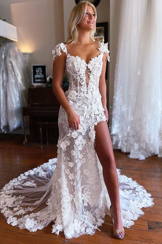 Glamorous Mermaid Sweetheart White Wedding Dresses Gown with Flower Appliques HS673