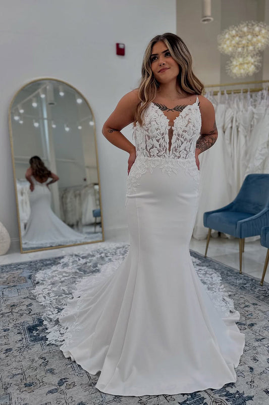 Mermaid V Neck White Satin Lace Wedding Dresses Gown with Train HS816