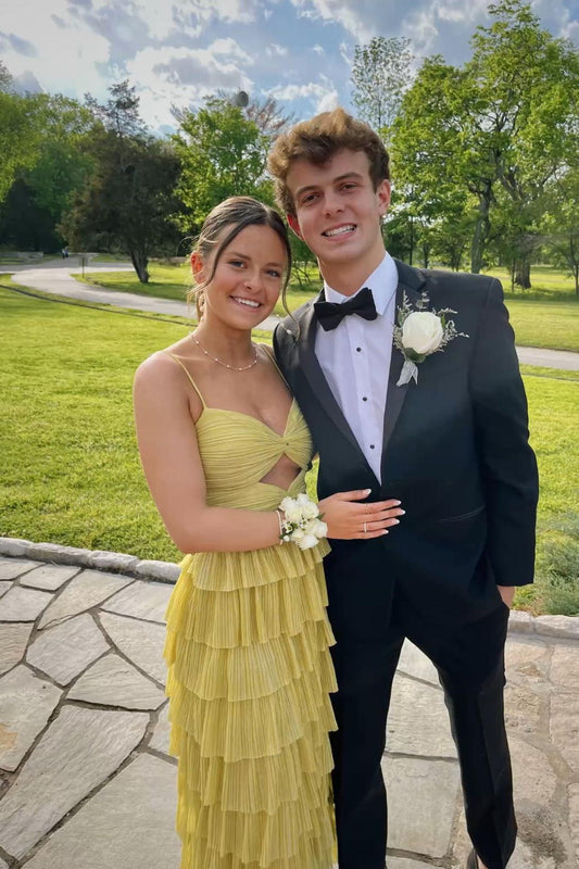 Stunging A Line Sweetheart Yellow Tiered Chiffon Long Prom Dress Gown
