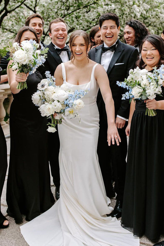 Graceful Mermaid Square Neck White Satin Wedding Dresses Gown HS696