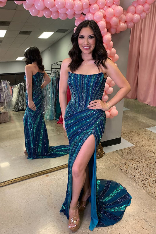 Mermaid Strapless Blue Sequins Long Prom Dress Gown with Slit LF1324