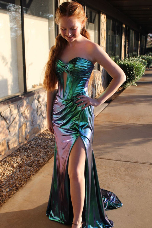 Glamorous Mermaid Sweetheart Keyhole Metallic Satin Slit Prom Dress Gown LF1199