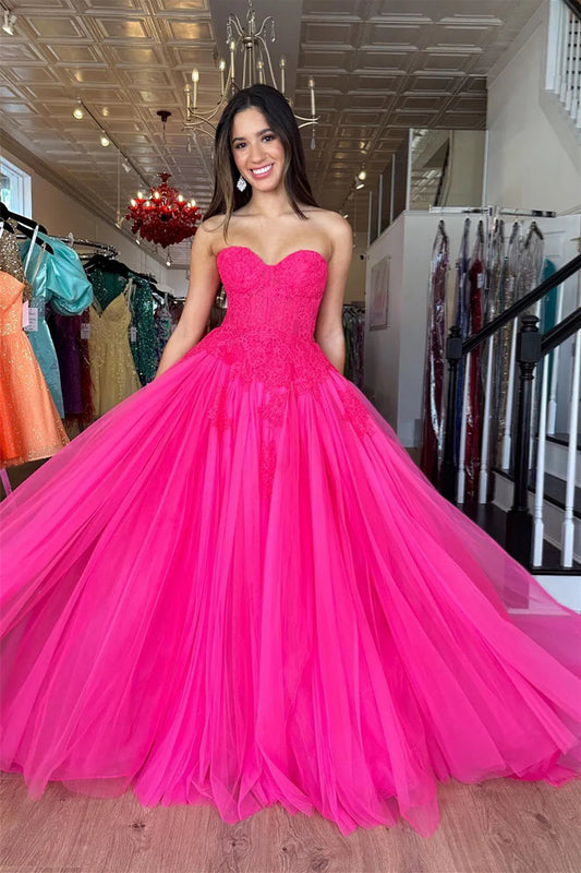 A Line Strapless Hot Pink Tulle Prom Dress Gown with Appliques LF1181