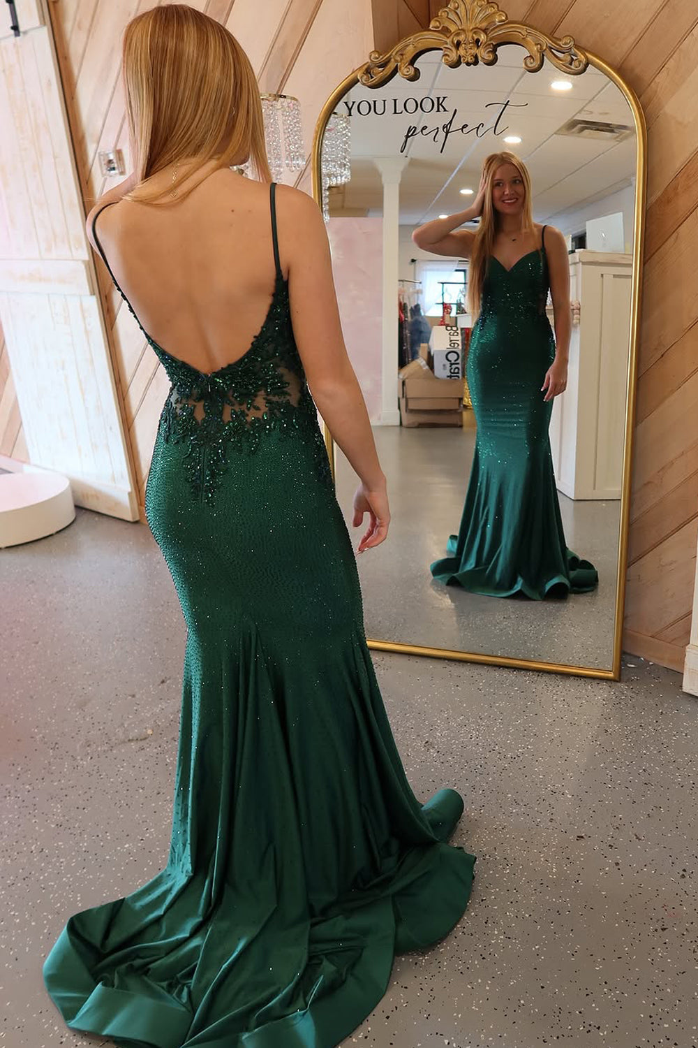 Glamorous Mermaid V Neck Dark Green Beading Prom Dress Gown with Appliques LF1184