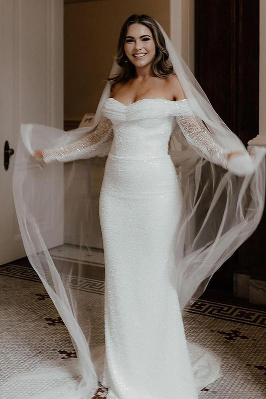 Dazzling Mermaid Off the Shoulder Sequins Lace Long Wedding Dresses Gown HS849