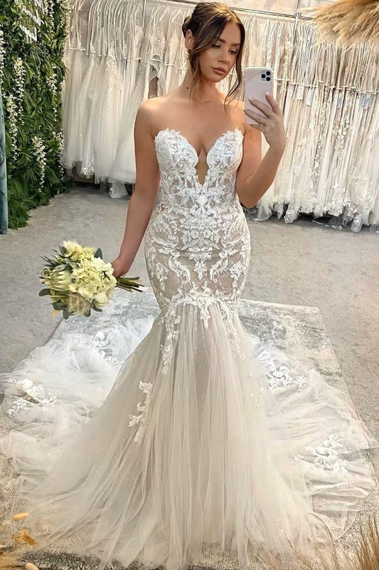 Glamorous Mermaid Sweetheart Tulle Wedding Dresses Gown with Appliques HS908