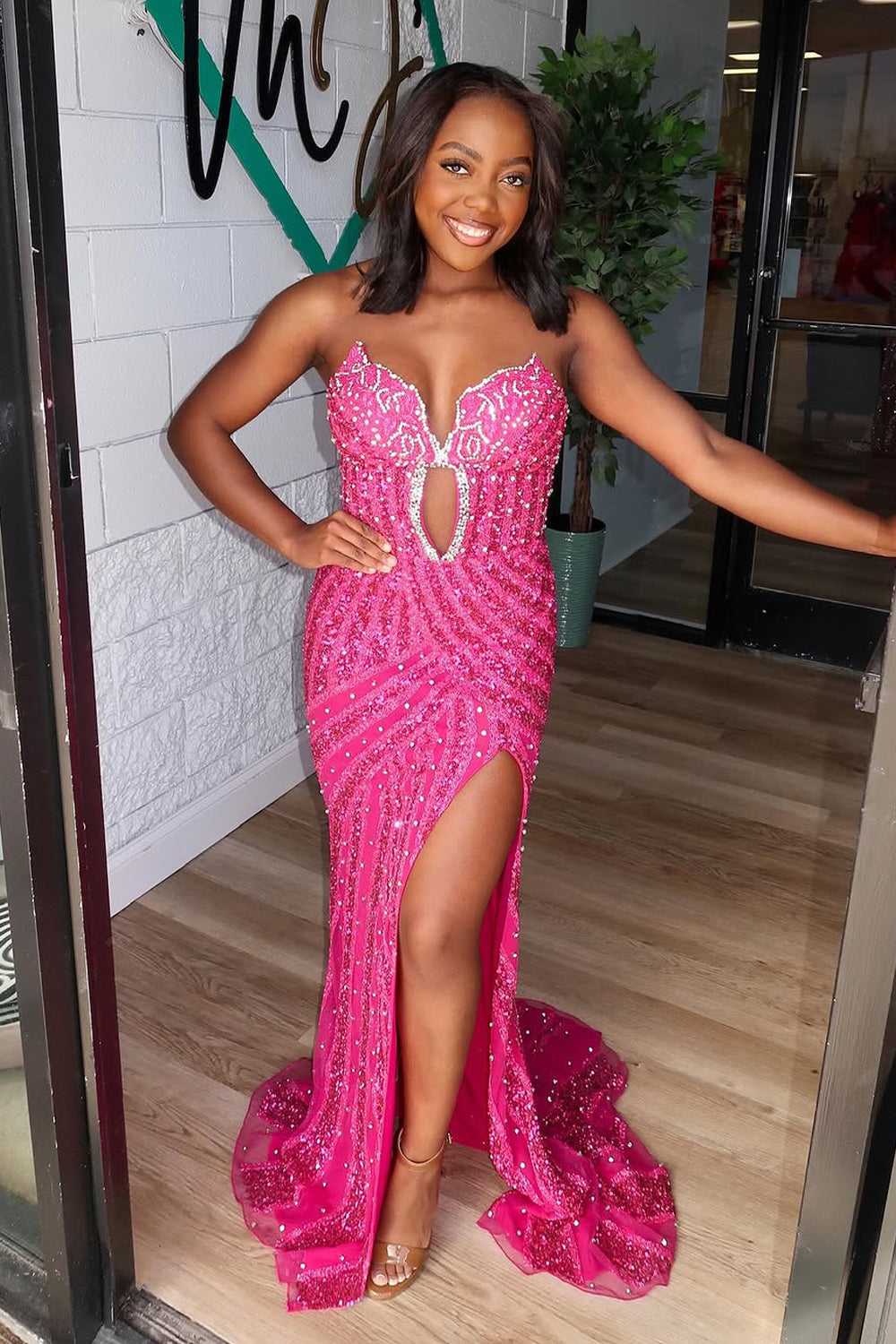 Mermaid Strapless Fuchsia Keyhole Sequins Long Prom Dress Gown with Slit LF1354
