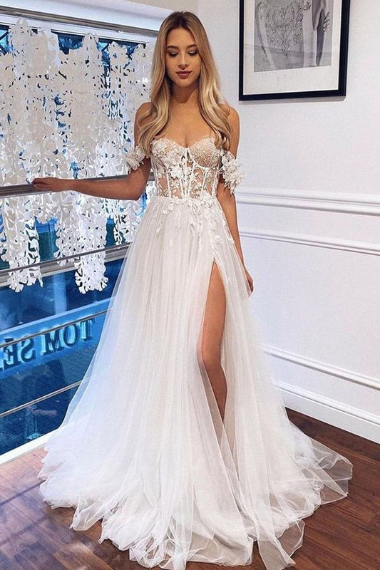 Bohemain A Line Sweetheart Tulle Slit Wedding Dresses Gown with Appliques HS748