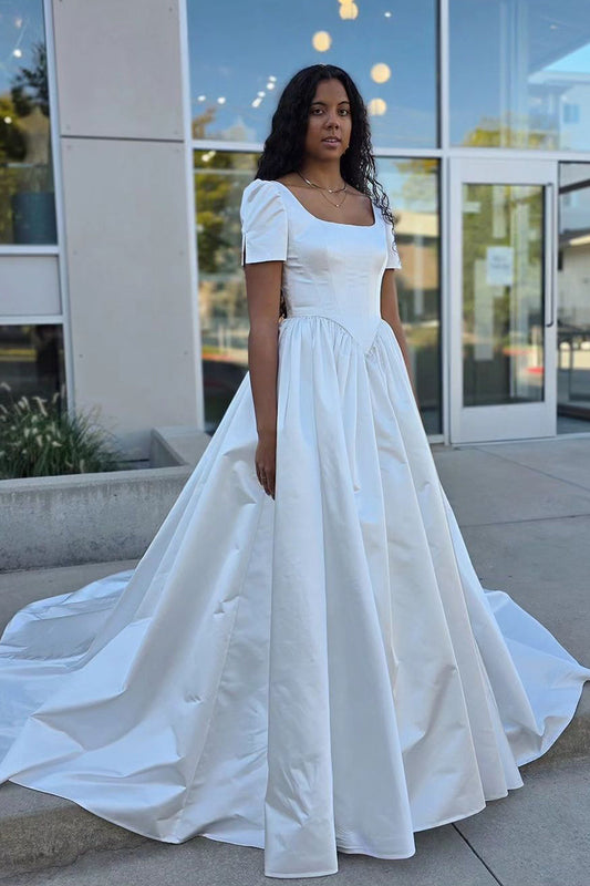 Ball Gown V Neck Ruffled Sleeves Satin Wedding Dresses Gown HS744