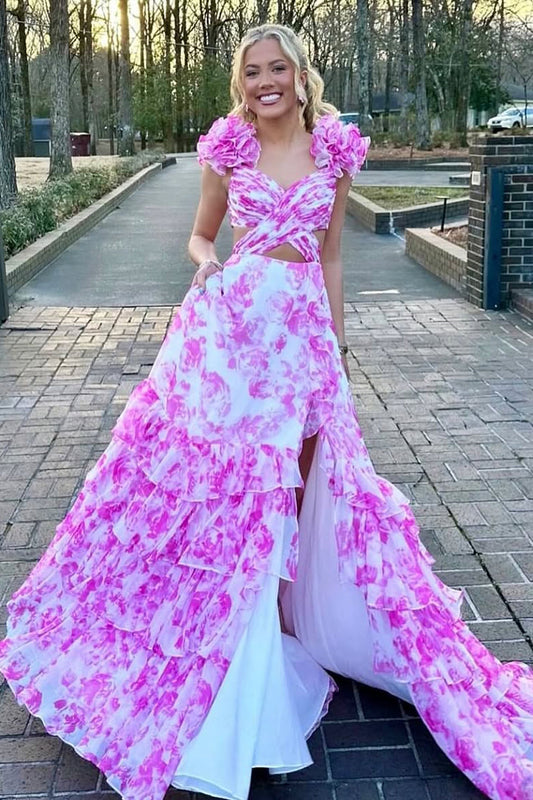 A-Line V Neck Pink Floral Printed Long Prom Dress Gown with Ruffle Slit LF1367