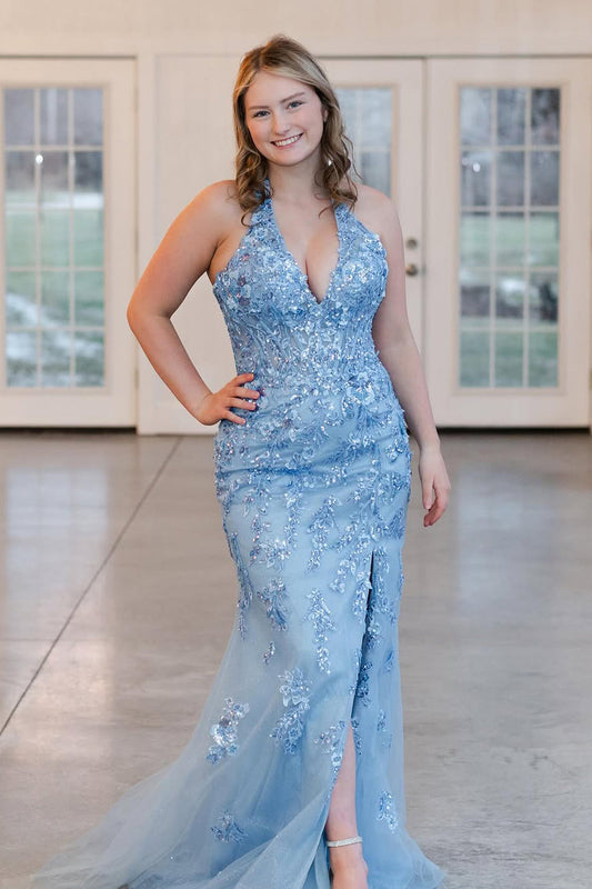 Mermaid Halter Blue Sequin Lace Long Prom Dress Gown with Slit LF1205