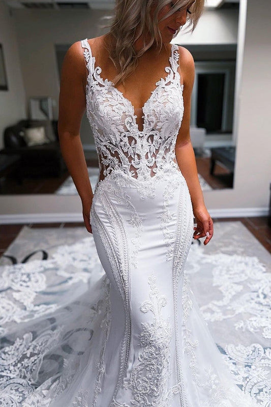 Graceful Mermaid V Neck White Lace Wedding Dresses Gown with Train HS971