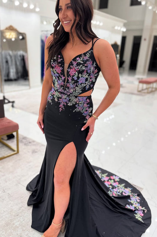 Mermaid V Neck Black Satin Embroidery Long Prom Dress Gown with Slit LF1295