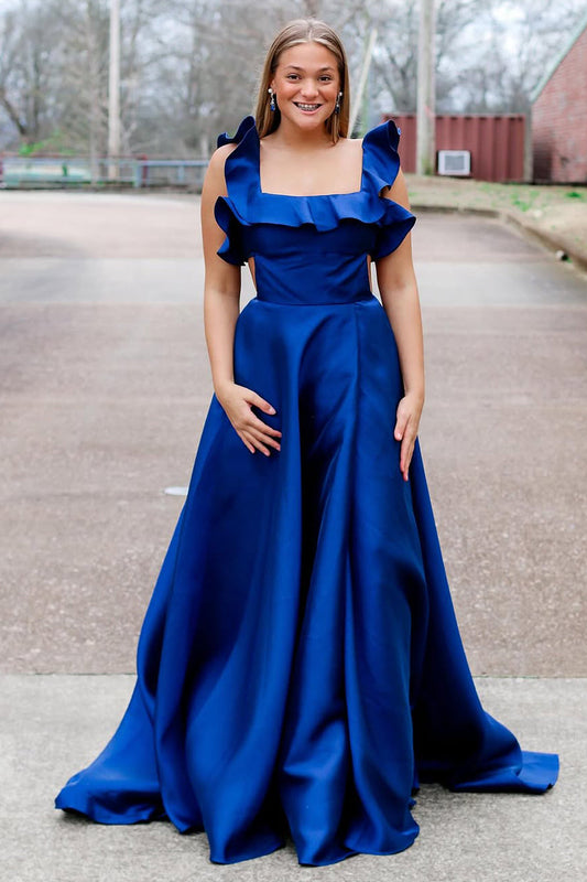 A-Line Square Neck Royal Blue Satin Long Prom Dress Gown with Bowknot LF1286