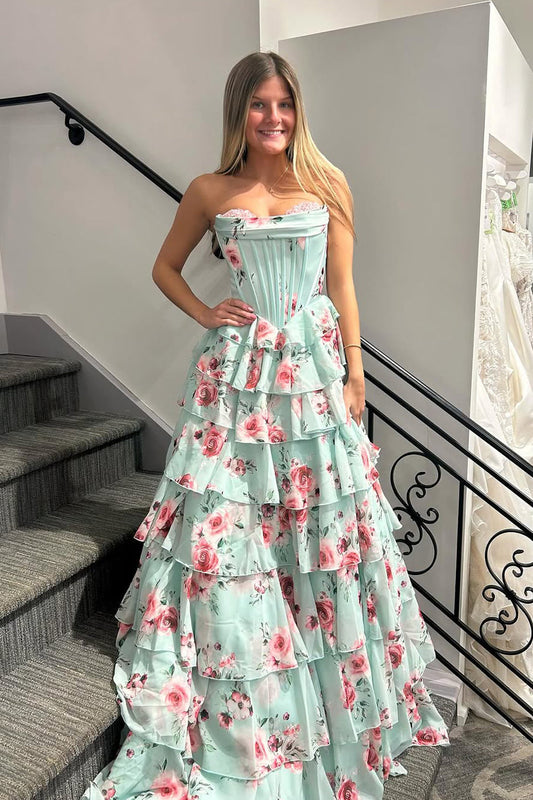 Stunging A Line Strapless Sweetheart Floral Chiffon Tiered Long Prom Dress Gown LF1344