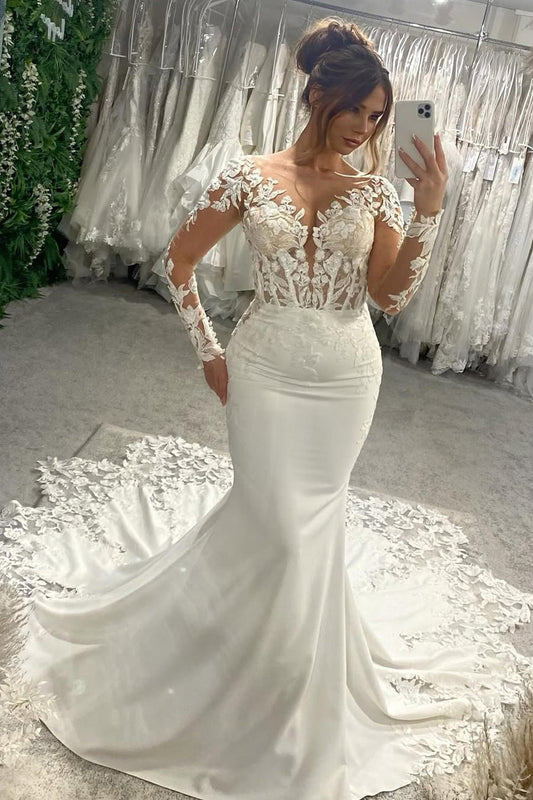 Dazzling Mermaid V Neck Elastic Satin Wedding Dresses Gown with Appliques HS834