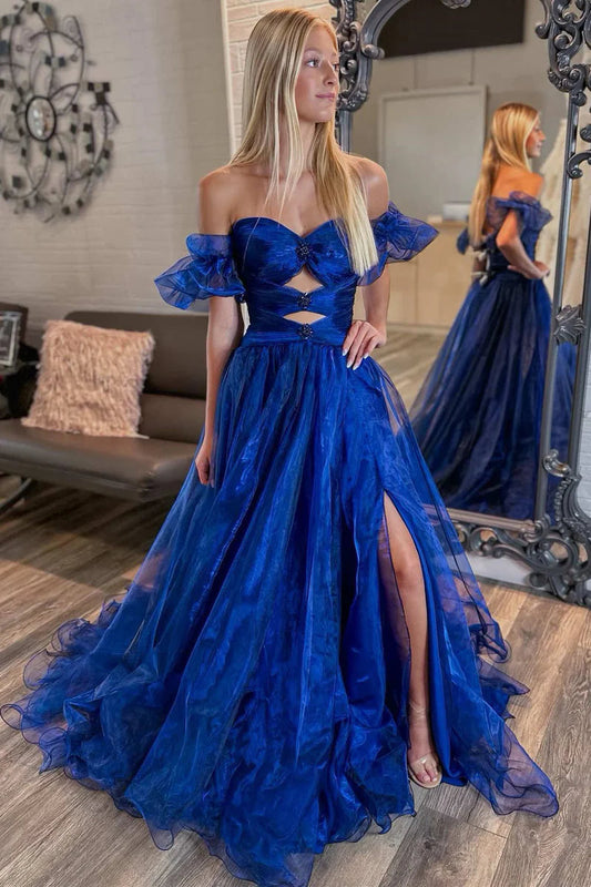 Fairy A Line Sweetheart Royal Blue Organza Slit Prom Dress Gown with Beading LF1364