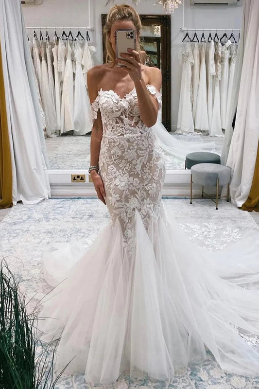 Boho Mermaid Off the Shoulder Tulle Wedding Dresses Gown with Appliques HS913
