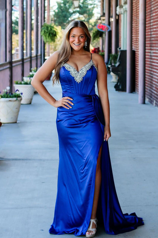 Stunging Mermaid V Neck Royal Blue Satin Slit Prom Dress Gown with Beading