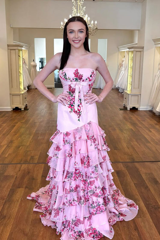 Mermaid Strapless Pink Floral Printed Ruffle Tiered Long Prom Dress Gown with Slit LF1309