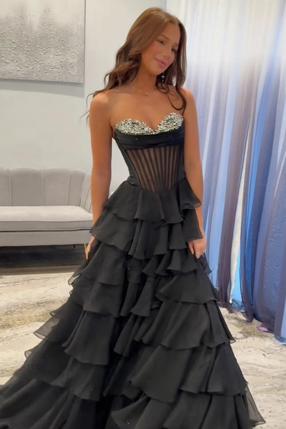 Black A Line Corset Ruffle Tiered Long Prom Dress Gown with Beadings LF1311