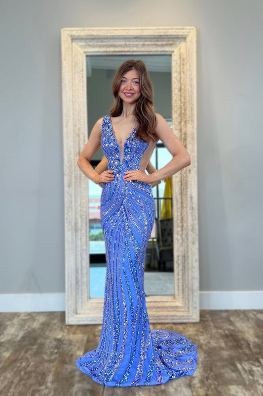 Mermaid Deep V Neck Blue Sequins Long Prom Dress Gown LF1372