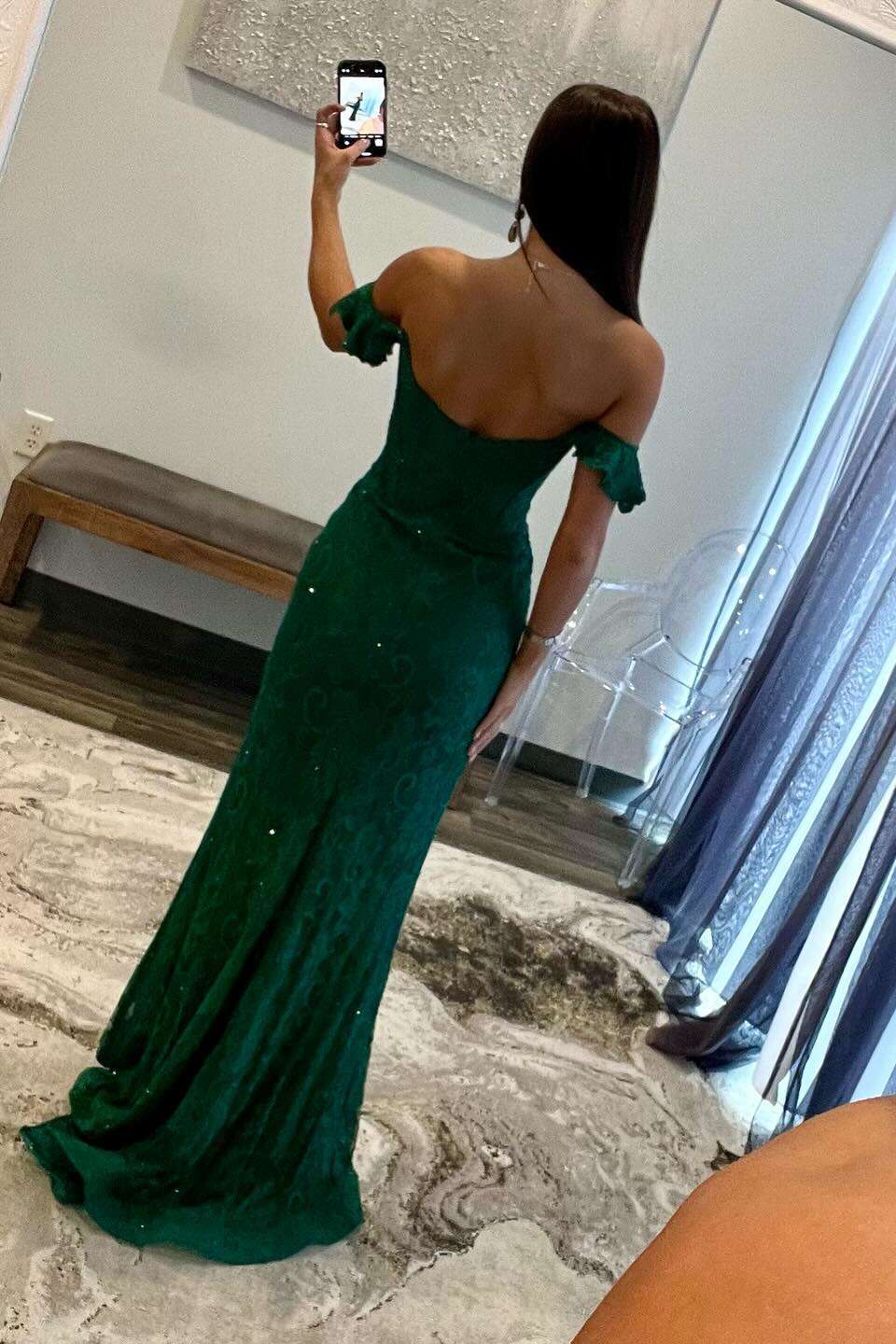 Sophisticated Dark Green Mermaid Off-the-Shoulder Lace Long Prom Dress Gown LF1501