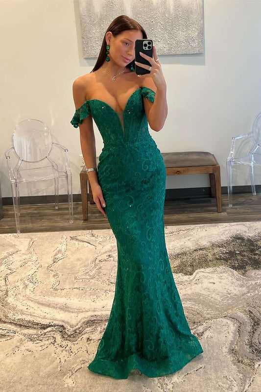 Sophisticated Dark Green Mermaid Off-the-Shoulder Lace Long Prom Dress Gown LF1501