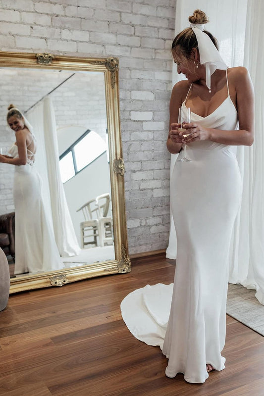 Simple White Satin Spaghetti Straps Mermaid Wedding Dresses/Gowns HS23101704