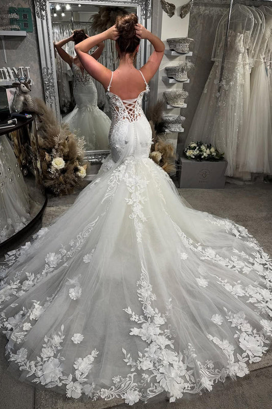 Dazzling Mermaid V Neck Tulle Long Wedding Dresses Gown with Appliques HS810