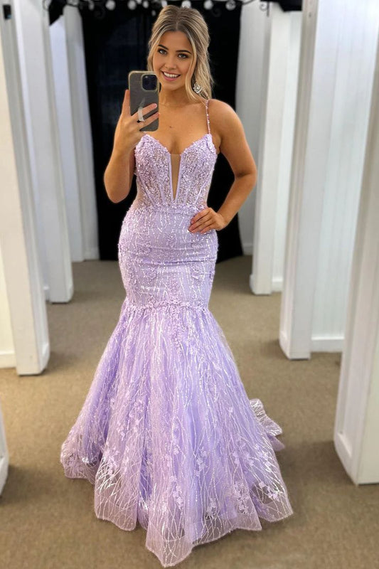 Stunging Mermaid V Neck Lavender Tulle Prom Dress Gown LF1302