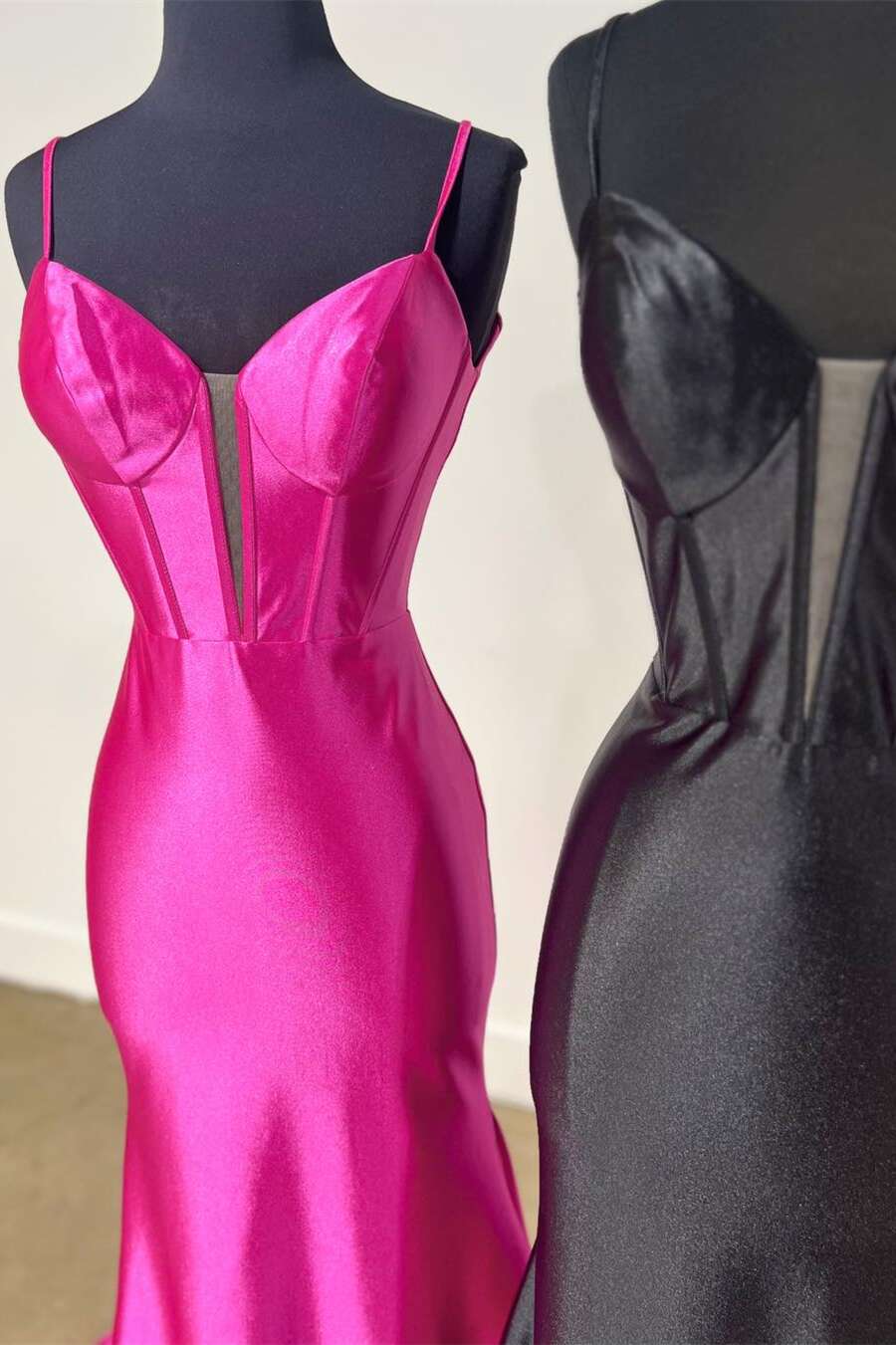 Glamorous Fuchsia Mermaid V-Neck Satin Long Prom Dress Gown