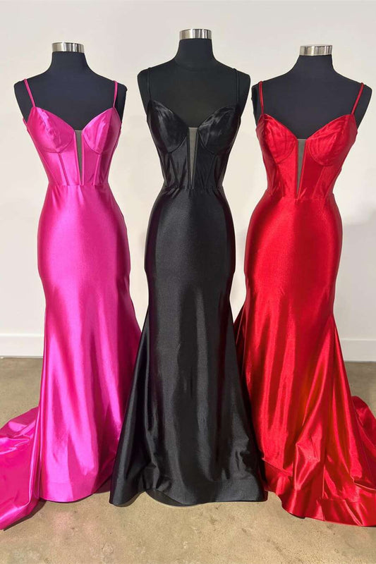 Glamorous Fuchsia Mermaid V-Neck Satin Long Prom Dress Gown