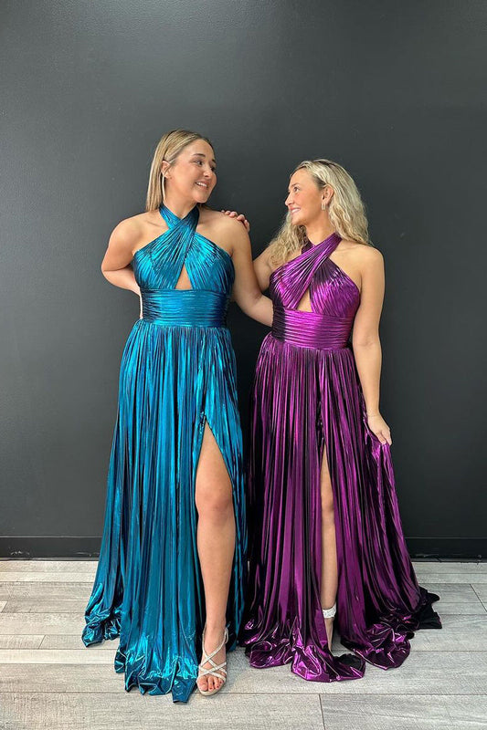 Purple Halter Pleated Satin A-Line Prom Dress Gown with Slit LF1099