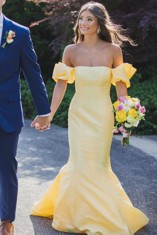 Glamorous Mermaid Strapless Yellow Satin Prom Dress Gown with Bow LF1257