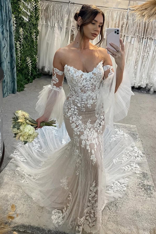 Boho Mermaid V Neck Lace Wedding Dresses Gown with Appliques HS874