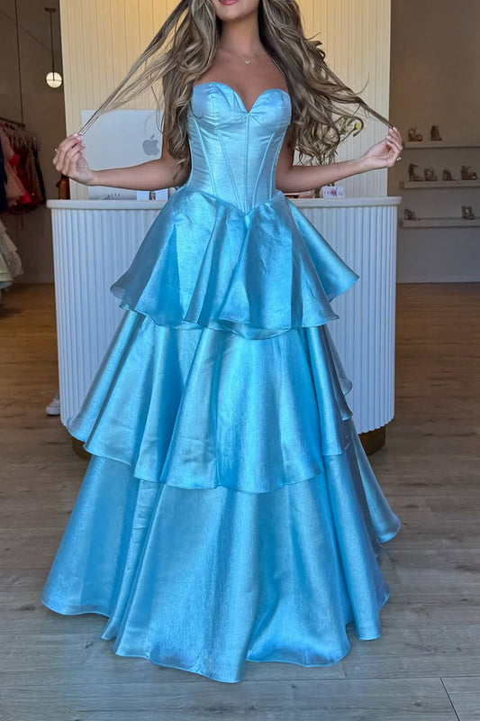 A-Line Strapless Light Blue Ruffle Tiered Long Prom Dress Gown with Bowknot LF1320