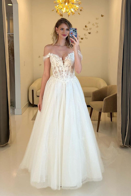 A-Line Off the Shoulder Tulle Wedding Dresses Gown with Appliques HS825