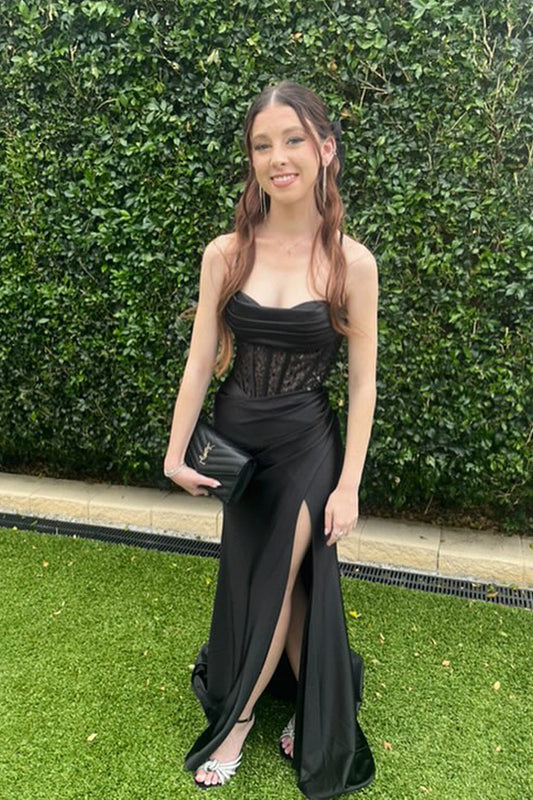 Stunging Mermaid Scoop Neck Black Satin Slit Prom Dress Gown with Appliques LF1297