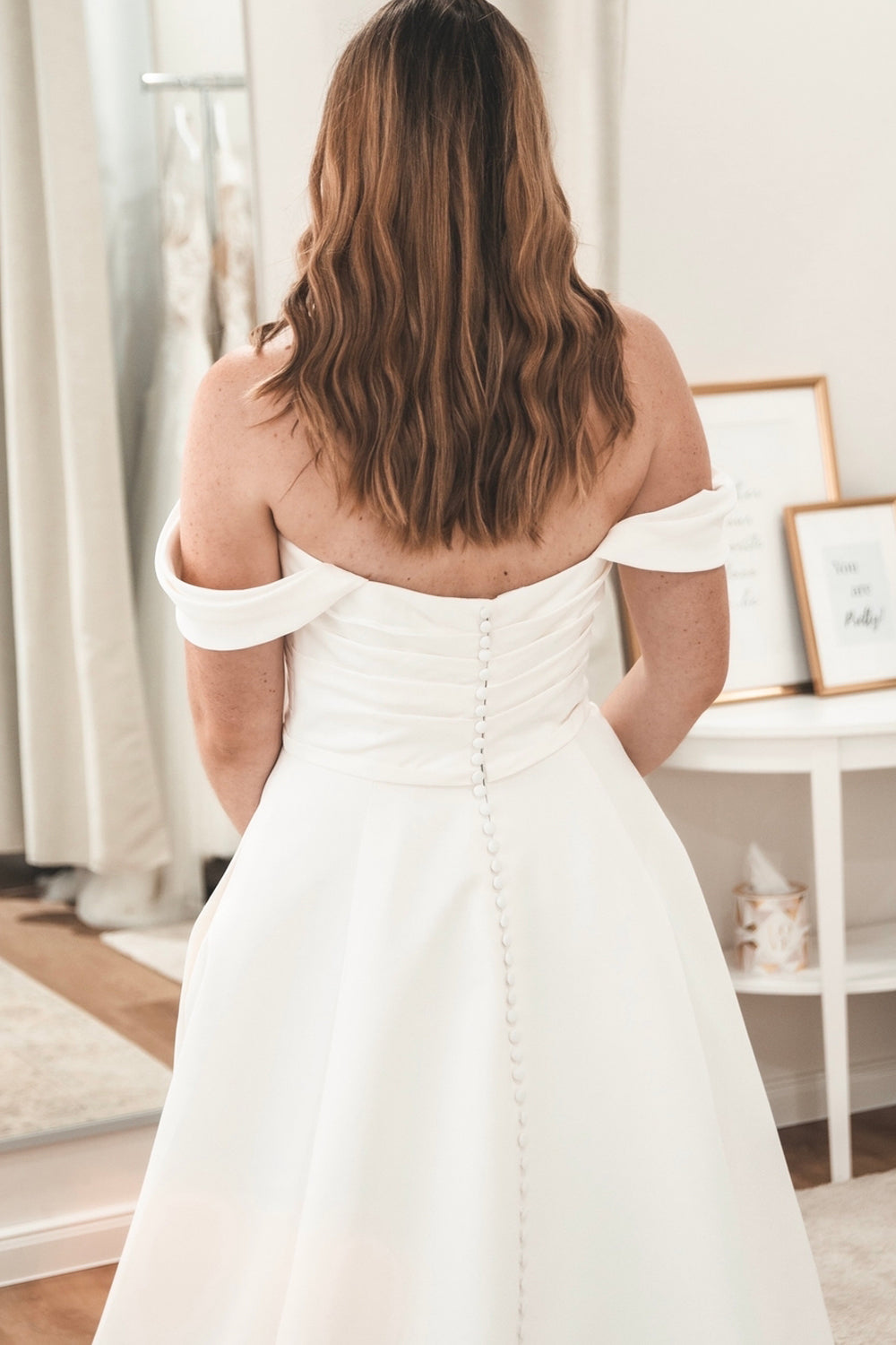 Graceful A Line Off the Shoulder Satin Wedding Dresses Gown HS915