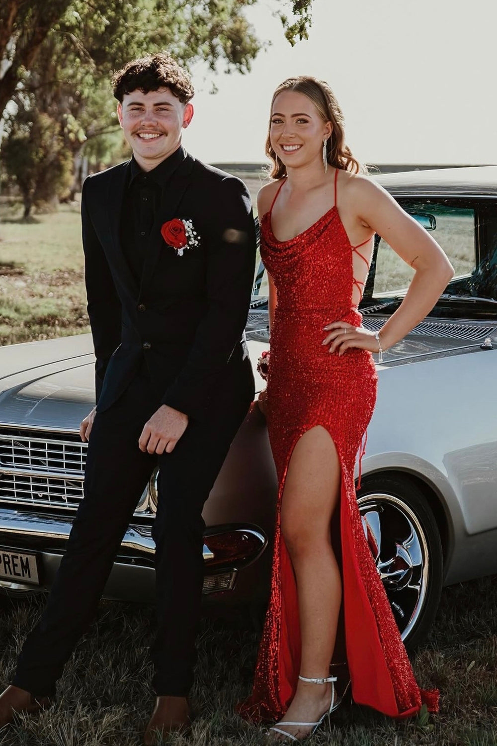 Stunning Mermaid Evening Gown Cowl Neck Sequins Slit Prom Dress Party Dresses LF629