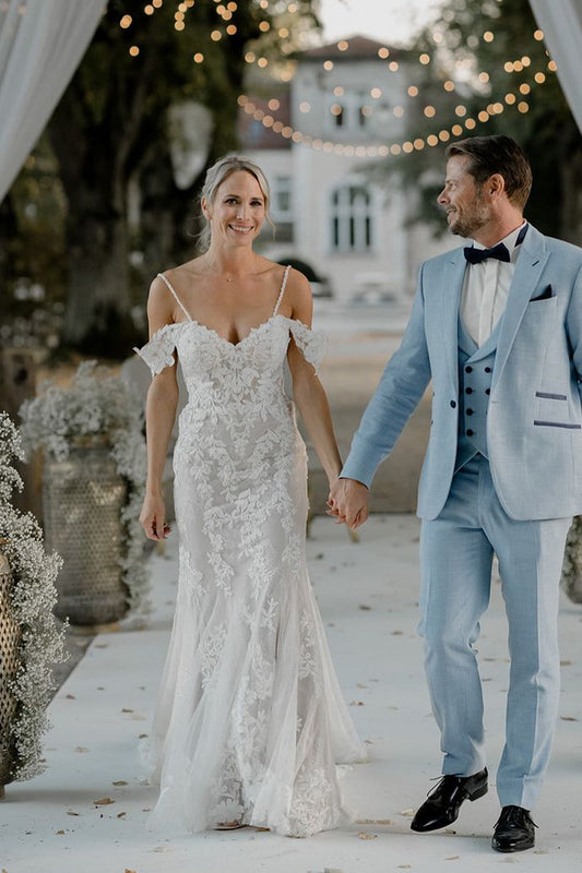 Pastoral Style Sheath Sweetheart Lace Long Wedding Dresses Gown with Appliques HS977