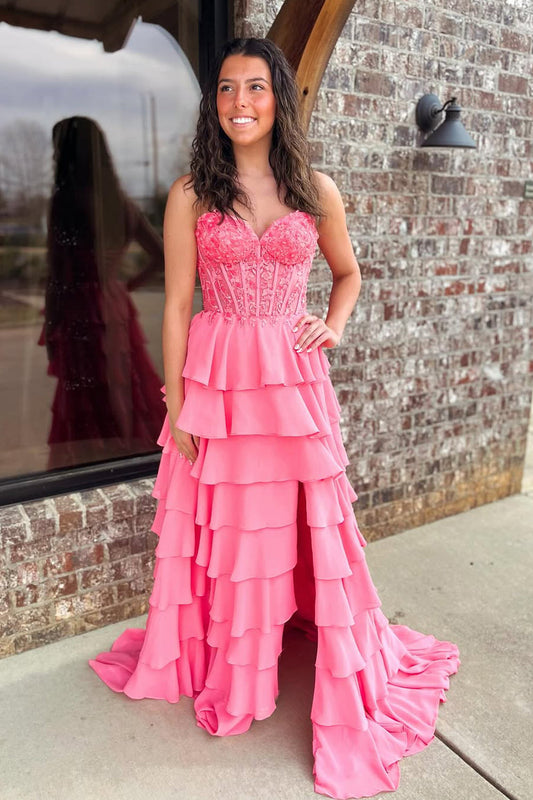 Stunging A-Line Sweetheart Pink Ruffle Tiered Long Prom Dress Gown with Slit LF1378