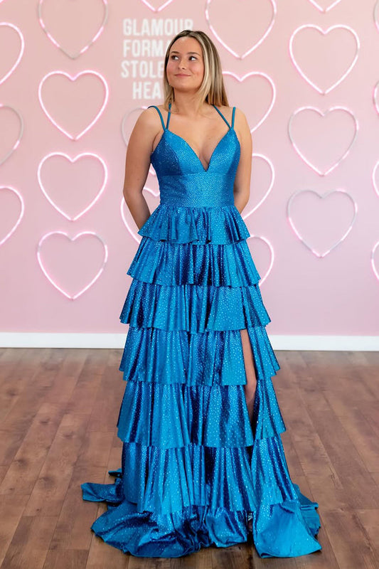 A-Line V Neck Blue Satin Beads Ruffle Tiered Long Prom Dress Gown with Slit LF1360