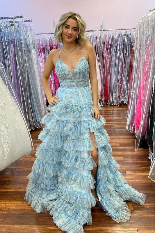 Fairy A Line V Neck Floral Printed Tiered Tulle Prom Dress Gown with Slit LF1217