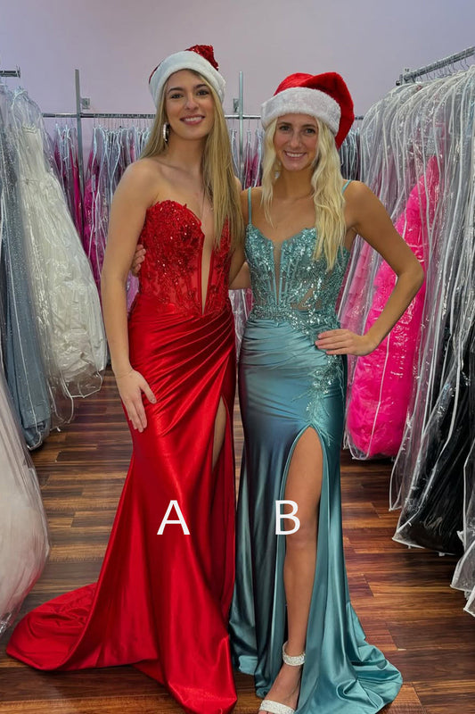Glamorous Mermaid Sweetheart Red Conspicuous Satin Prom Dress Gown with Appliques LF1264